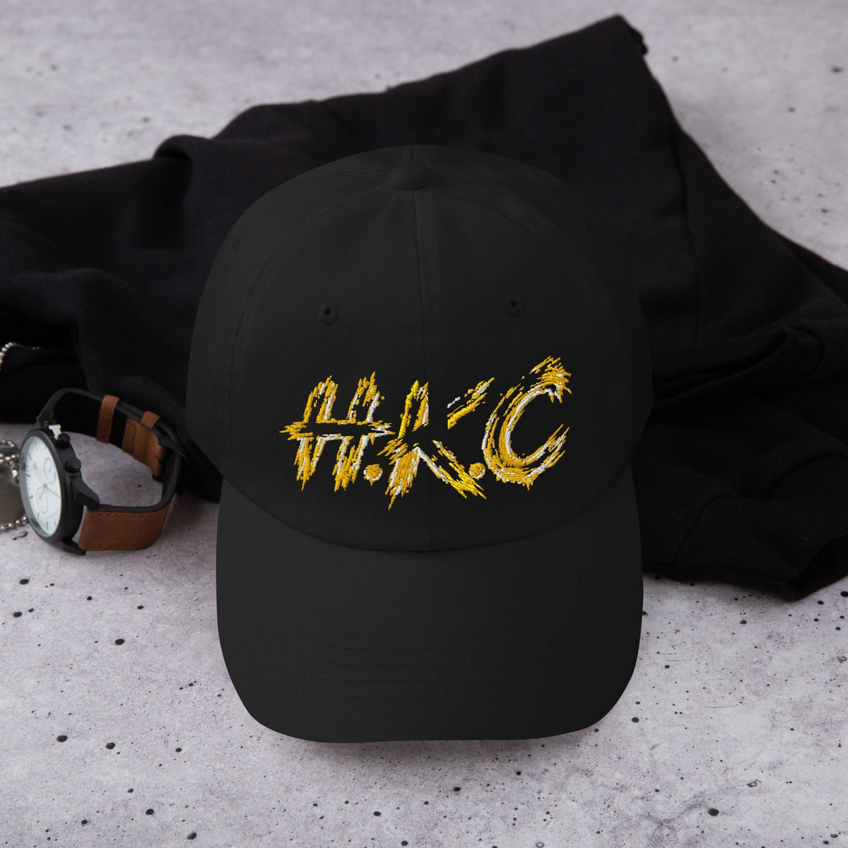 H.K.C. black dad hat — faith-based streetwear by Heavenly Kingdom Citizen